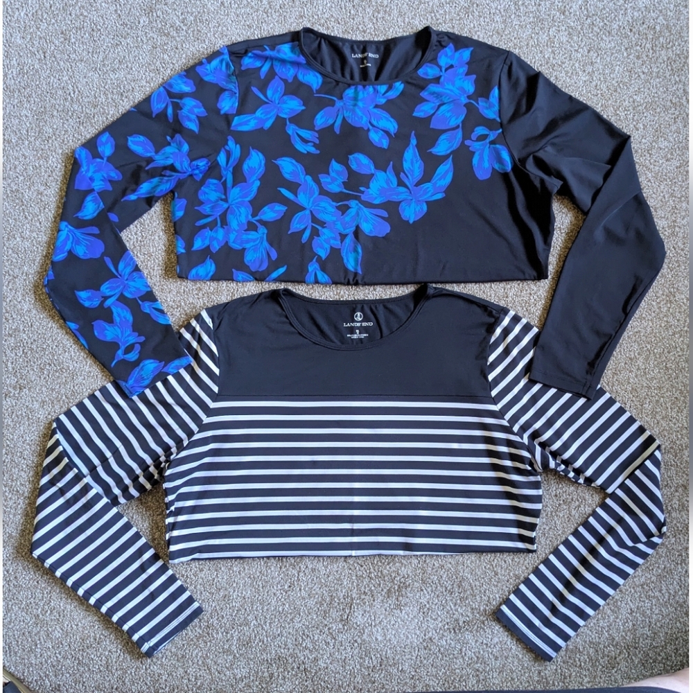 Set Of Lands' End Blue Floral and Black Striped Athletic Tops ~ Sz XL